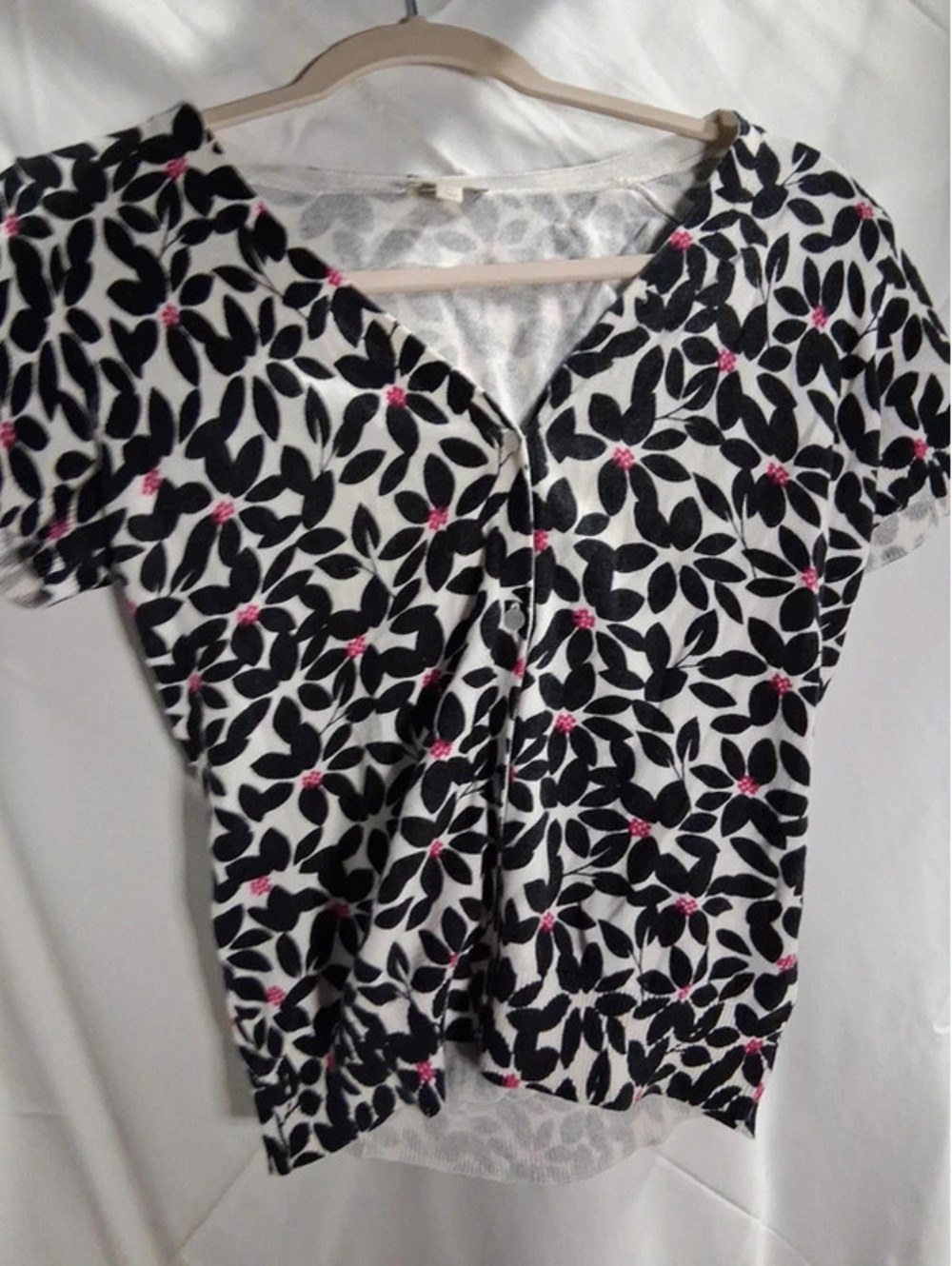Talbots small Pink Berry Black leafs Lightweight Button Cardigan Sweater o2